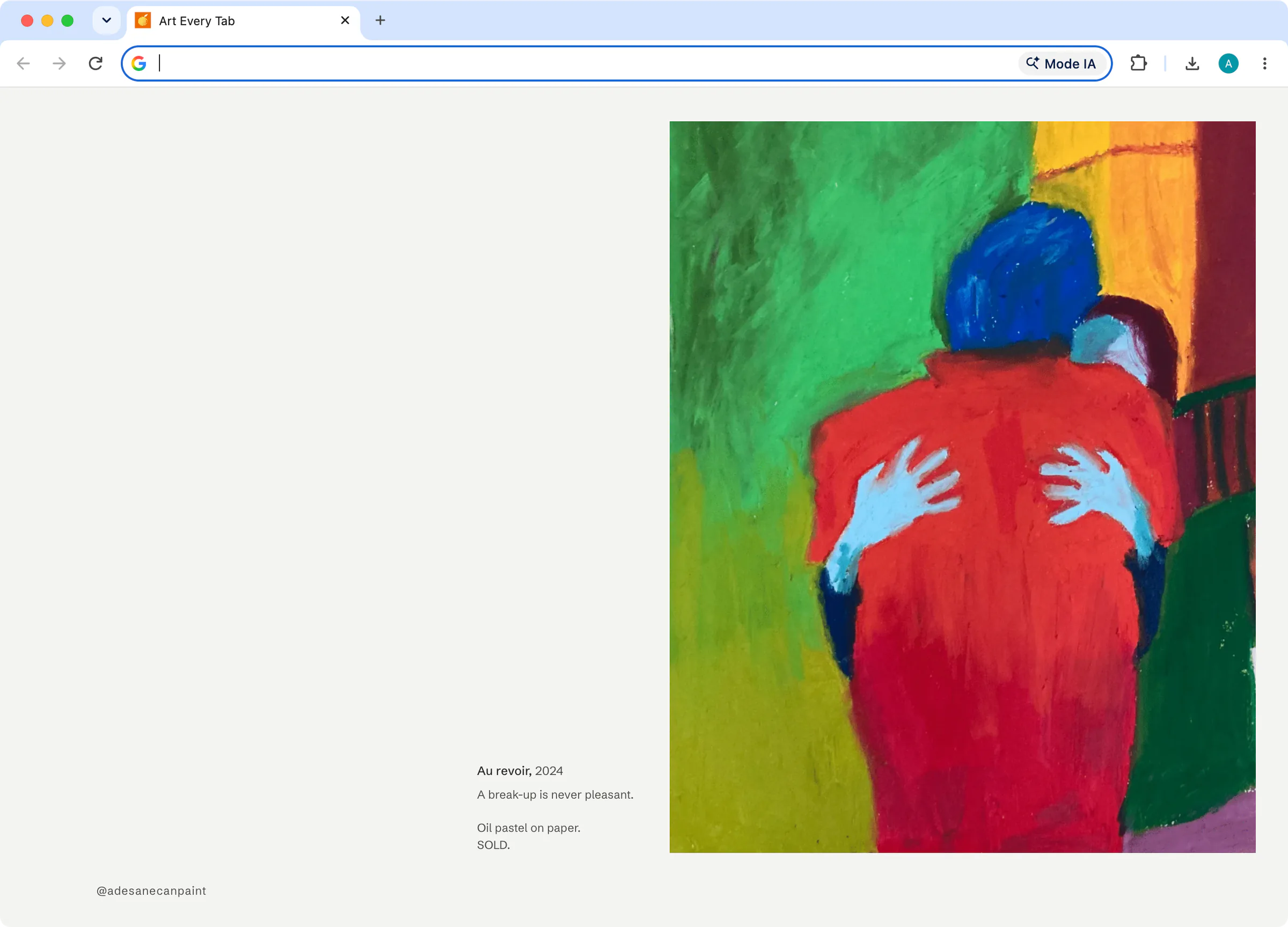 Art Every Tab Chrome extension showing the painting Au revoir on a new tab page.