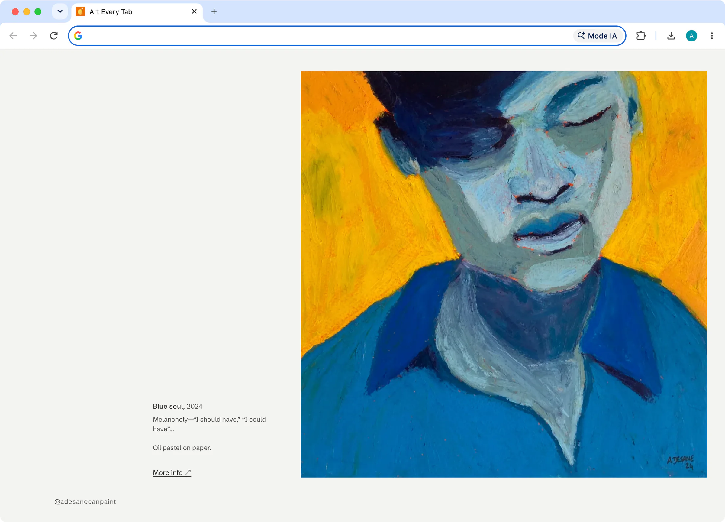 Art Every Tab Chrome extension showing the painting Blue soul on a new tab page.