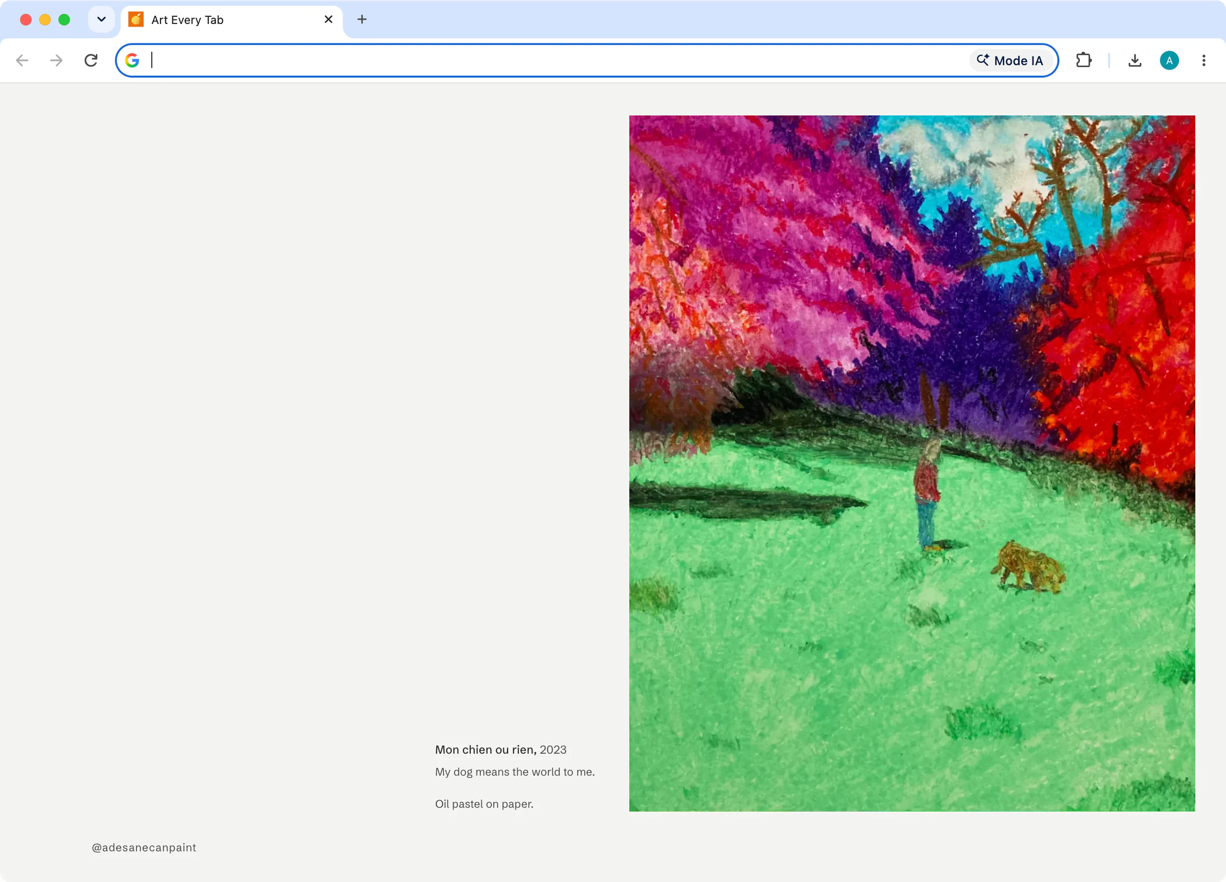Art Every Tab Chrome extension showing the painting Mon chien ou rien on a new tab page.